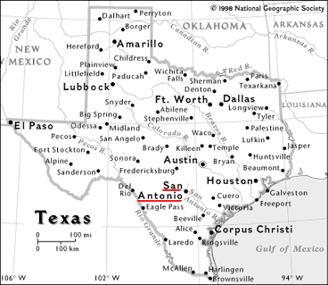 Mapa con San
                        Antonio en Texas, cerca de Houston