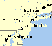 Mapa
                          con Philadelphia (Pennsylvania) entre Nueva
                          York y Washington