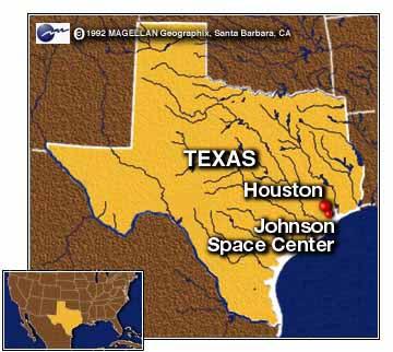 Mapa con la
                          posicin del Centro Espacial de Johnson
                          ("Johnson Space Center), antes llamado
                          Centro de Naves Espaciales Tripuladas
                          ("Manned Spacecraft Center) cerca de
                          Houston