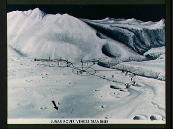 Concepto artstico del alunizaje de Jerry
                        Elmore para Apolo 15, foto de la NASA no.
                        S71-33433: El "paisaje lunar" del
                        "alunizaje" est otra vez en azul,
                        ahora con los caminos dibujados para el
                        "carro lunar" LRV.