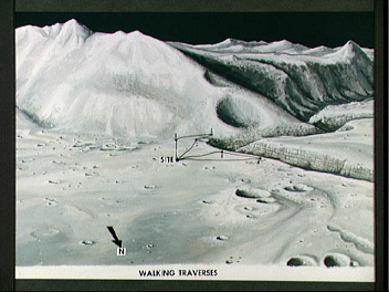 Concepto artístico del alunizaje de Jerry
                        Elmore para Apolo 15, foto de la NASA no.
                        S71-33433: El "paisaje lunar" del
                        "alunizaje" está con caminos para
                        marchar para el caso cuando el "carro
                        lunar" no funciona