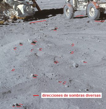 Apolo 16 falso, foto de la NASA no.
                                AS16-106-17436: El "carro
                                lunar" con el "mdulo
                                lunar" sin huellas de ruedas,
                                estudio de sombras con el caos de
                                sombras, primer plano