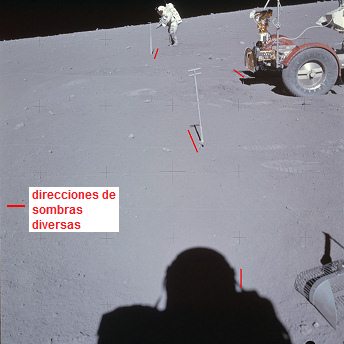 Apolo 16 falso, foto de la NASA no.
                            AS16-107-17529: El "astronauta"
                            Duke con un sensor solar y con el
                            "carro lunar" al lado derecho, y
                            con un caos de sombras.