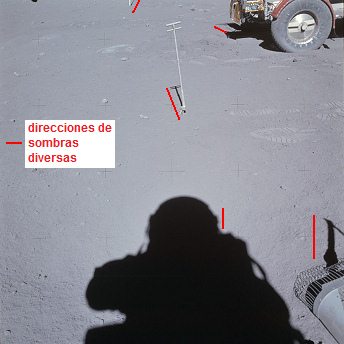 Apolo 16 falso, foto de la NASA no.
                            AS16-107-17530: El "astronauta"
                            Duke con un sensor solar y con el
                            "carro lunar" a la derecha, y con
                            un caos de sombras