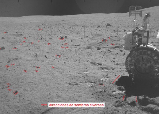 Apolo 16 falso, foto de la NASA no.
                            AS16-108-17727: El "carro lunar"
                            en el pedregal, caos de sombras, y hay un
                            "sol" deformado en el "cielo
                            lunar", primer plano