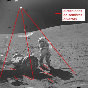 Apolo 16 falso, foto de la NASA no.
                            AS16-108-17730: El "carro lunar"
                            en el pedregal, y un caos de sombras, y dos
                            soles en el "cielo lunar"