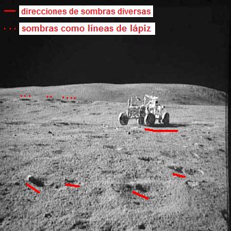 Apolo 16 falso, foto de la NASA no.
                            AS16-109-17788 muestra la "estacin
                            1", el "carro lunar" en el
                            pedregal, y un caos de sombras