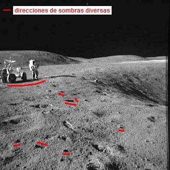 Apolo 16 falso, foto de la NASA no.
                            AS16-109-17789 muestra la "estacin
                            1", el "carro lunar" en el
                            pedregal, y un caos de sombras