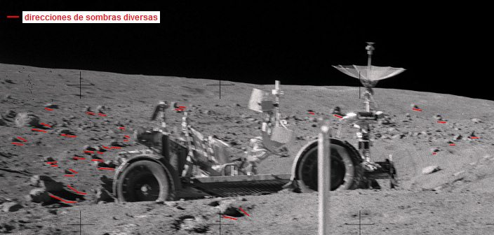 Apolo 16 falso, foto de la NASA no.
                              AS16-110-17951 muestra la "estacin
                              4", el "carro lunar" en un
                              camino en el pendiente, con un caos de
                              sombras, primer plano