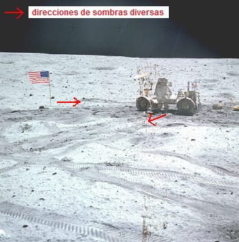 Apolo 16 falso, foto de la NASA no.
                          AS16-116-18576: El "astronauta"
                          Young con el "vehculo lunar" Rover
                          (LRV): Al lado izquierdo hay una bandera con
                          una sombra falsa - el "astronauta"
                          est en la contraluz y es demasiado claro - y
                          hay huellas de ruedas de solo una rueda.
                          Exposicin corregida. Con la correccin se
                          detecta vapor en el "cielo lunar" lo
                          que no es posible en la luna sin atmsfera.