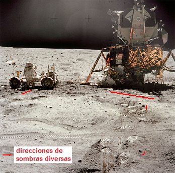 Apolo 16 falso, foto de la NASA no.
                        AS16-116-18578: el "astronauta" Young
                        con el "vehculo lunar" Rover (LRV)
                        cerca del "mdulo lunar" LM, hay
                        contraluz, pero las sombras estn sin oscuridad