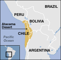 Mapa con la posición
                        del desierto de Atacama con el "Valle del
                        la Luna"