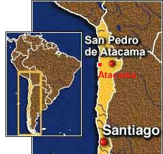 Mapa con las posiciones de San Pedro de
                          Atacama y Santiago de Chile