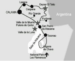 Mapa con las
                        posiciones de San Pedro de Atacama, el
                        "Valle de la Luna" y el "Valle de
                        la Muerte"