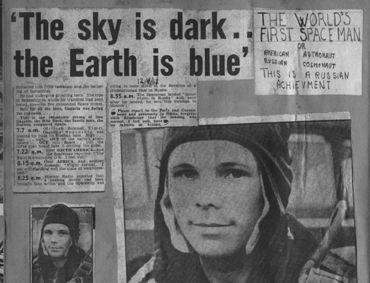 Headlines about
                        Gagarin in the "USA": They all believe
                        that he was in space, without one single foto of
                        the "space flight". Gagarin is dressed
                        in a parachute jumping suit.