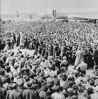 Gagarin in Prague: Formation of a way
                            through the spectator mass at the airport.