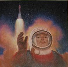 Gagarin-Kult: Portrait mit Juri Gagarin
                            im Helm und mit Heiligenschein