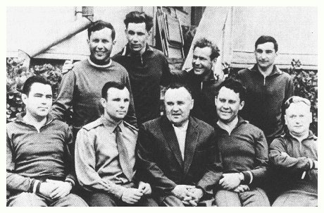 Group foto at
                Sochi with all astronauts in May 1961. Background: P.R.
                Popovich, G.G. Nelyuboff, G.S. Titov, V.F. Bykovsky;
                foreground: A.G. Nikolayev, Y.A. Gagarin; Vostok chief
                engineer S.P. Korolioff, the director for the education
                Karpov, parachute teacher N.K. Nikitin.