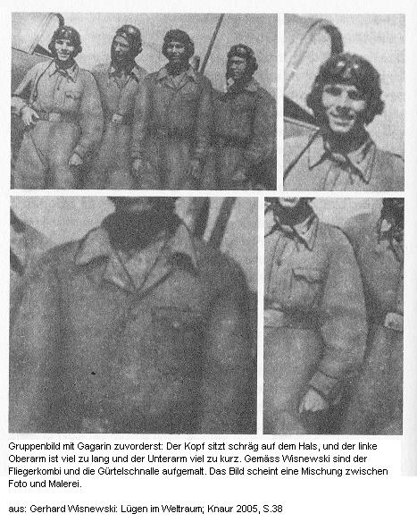 Juri
                      Gagarin in einer Fliegergruppe: Der Kopf sitzt
                      schief auf dem Hals, der Oberarm des linken Arms
                      ist viel zu lang, der Unterarm zu kurz, und die
                      Fliegerkombis und Gürtelschnallen sind aufgemalt.