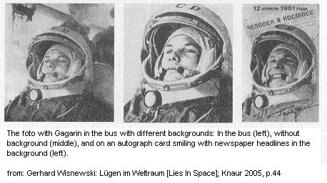 Juri
                      Gagarin in the Bus (left), in the same position
                      without background (middle) or on an autograph
                      card (right) with a newspaper's headline in the
                      background smiling.