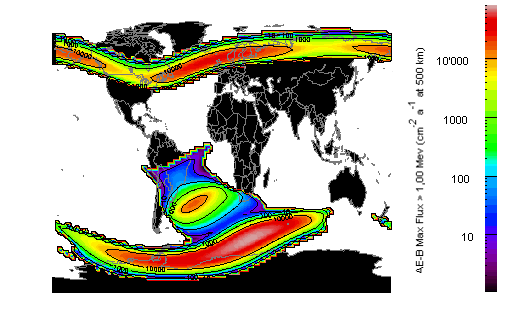 Inner and outer radiation belt with the
                            abnormity of the radiation belt over the
                            South Atlantic (SAA) with indication of the
                            speed of the particles, coloured schema.