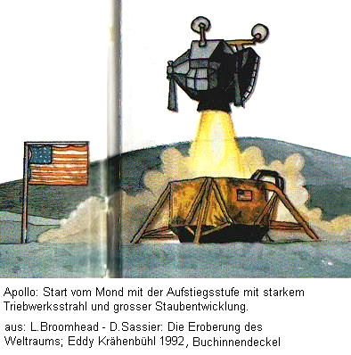 Apollo-Comic: Start vom Mond mit starker
                        Triebwerksflamme und mit grosser Staubwolke
                        (Comic).
