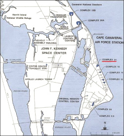 Map of Cape Canaveral with inscription of
                          launch complex no. 34.