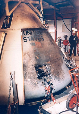 Apollo 1: The burnt command capsule,
                        exterior view