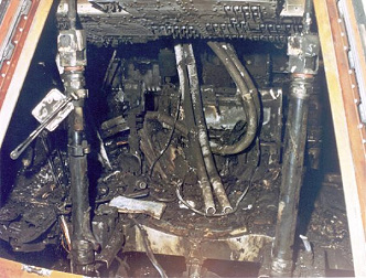 Apollo 1: The burnt command capsule,
                        interior view.