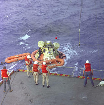 Apollo 8: Bergung der Kapsel im Wasser
                          mit 2,6 bzw. 2 km Abweichung vom geplanten
                          Landepunt, ein perfekter Fallschirmabwurf