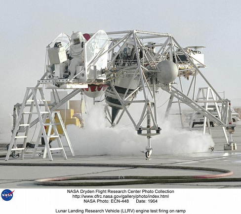 Mondlandungsforschungsgert (Lunar
                            Landing Research Vehicle LLRV): Dsentest im
                            Stand 1964, mit Triebwerkstrahl (viel
                            Rauch). Dryden Flight Research Center.