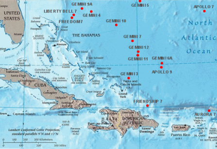 Wasserungen (Splashdown) des
                "USA"-Programms im Atlantik vor den
                Bahamas-Inseln, Karte