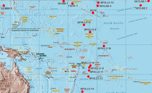 Wasserungen
                (Splashdowns) im "USA"-Programm im Pazifik in
                der Sdsee, Karte
