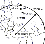Kuba-Krise: Die
                            "amerikanische" Raketenreichweite
                            von der Trkei aus gegen die
                            "SU".