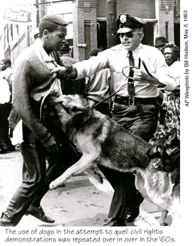 Birmingham 1963:
                              Polizeihunde gegen schwarze Demonstranten.
                              Diese Taktik der weiss-rassistischen
                              "US"-Polizei war in den 1960er
                              Jahren Standard.