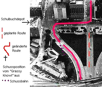 Kennedy-Attentat in
                              Dallas 1963: Die genderte Route. Dadurch
                              muss der Chauffeur den Autokorso auf
                              Schrittgeschwindigkeit abbremsen.