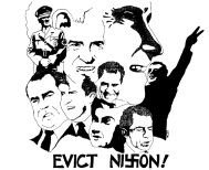 Karikatur von Nixen mit Hitler und
                                Hakenkreuz, Plakat in Los Angeles 1971:
                                "Evict Nixon!"
                                ("Vertreibt Nixon!").