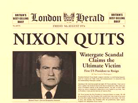 Rcktritt eines kriminellen Prsidenten,
                      Titelblatt des London Herald am 9.8.1974 mit der
                      Schlagzeile "Nixon Quits".