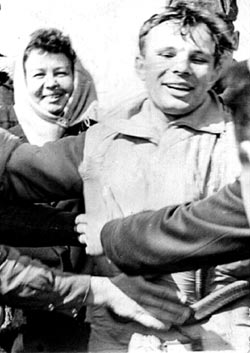 Yuri Gagarin after
                  the alleged landing. Where is the space suit? He only
                  was a parachute jumper [5].