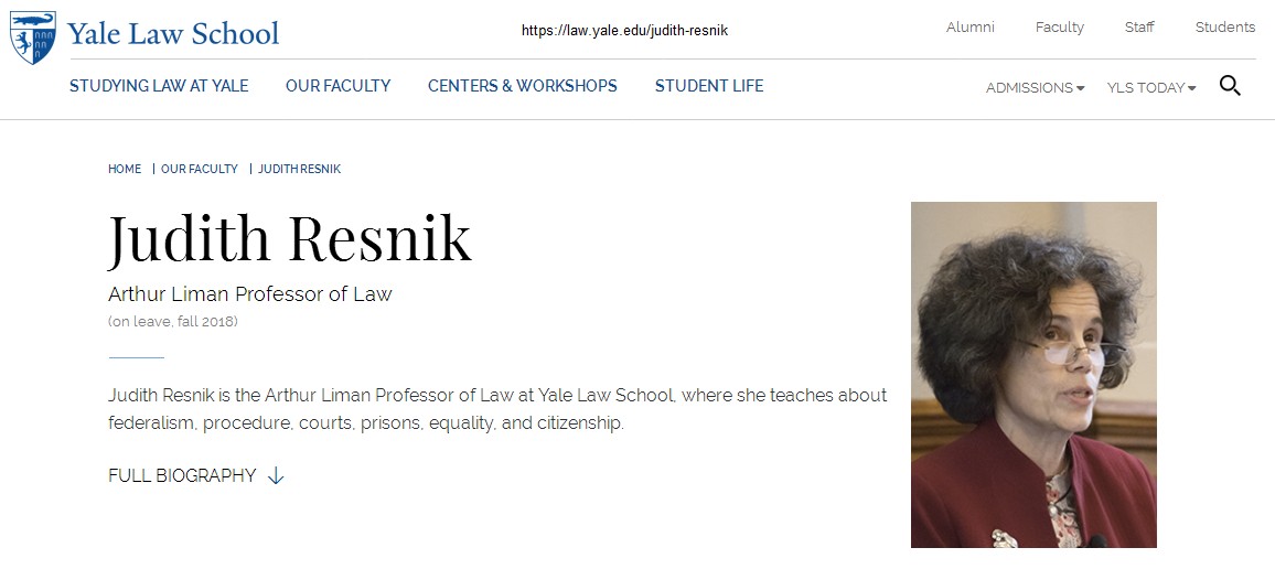 Judith Resnik, profile as Law Professor at Yale
                    University [in New Haven, Connecticut]