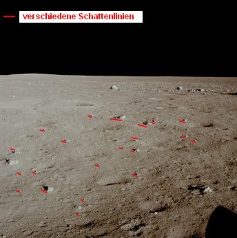 Apollo 11 Foto-Nr. AS11-37-5456: Nun sieht
                        man noch weiter nach rechts, und die NASA
                        vermutet, dass das Geröll vom Kratereinschlag
                        stammen könnte. Und unten rechts sei noch ein
                        Teil einer Steuerdüse der
                        "Mondlandefähre" sichtbar. Das
                        Schattenchaos bleibt aber, und somit auch die
                        Fotomontage mit eingezeichneten Schatten