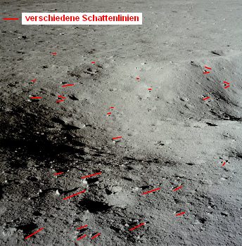 Apollo 11 Foto-Nr. AS11-37-5459: Jetzt
                        behauptet die NASA, die Kamera sei von Edwin
                        Aldrin an Neil Armstrong übergeben worden, und
                        Neil habe noch einmal ein Kraterfoto von seinem
                        Fenster aus gemacht. Das Schattenchaos am Krater
                        weist wiederum auf Fotomontage und
                        eingezeichnete Schatten hin...