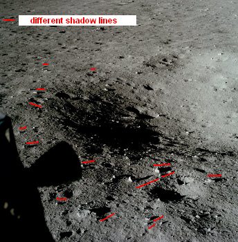 Apollo 11 photo no. AS11-37-5452: According
                        to NASA this is another photo of the "lunar
                        surface" after the landing of Apollo 11,
                        this time directly under the window of
                        "astronaut" Neil Armstrong with an
                        Eastern part of a crater. But also here is a
                        chaos of shadows, and this indicates that this
                        is a bad photo composition.