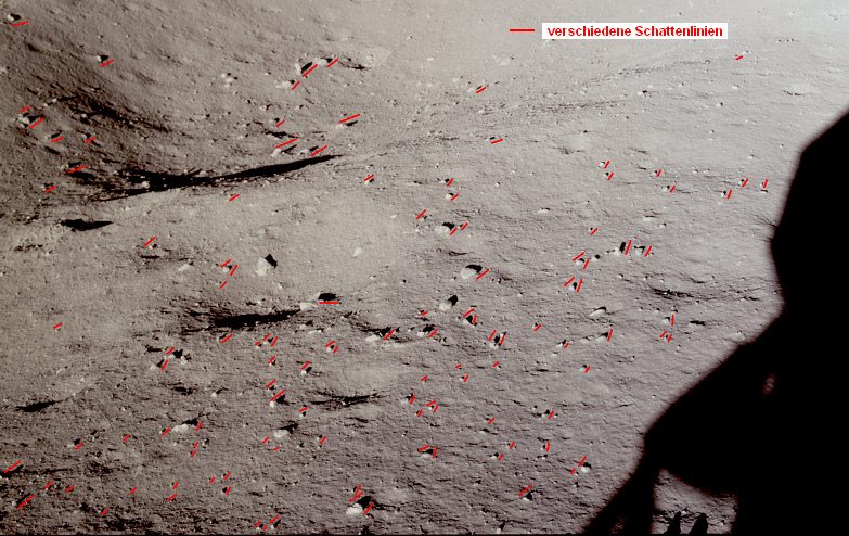 Apollo 11 Foto-Nr. AS11-37-5453:
                        Grossaufnahme des Schattenchaos auf dem Foto mit
                        dem westlichen Teil des Kraters, der gemss NASA
                        durch das Fenster der "Mondlandefhre"
                        von Neil Armstrong sichtbar gewesen sein soll