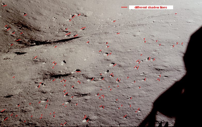 Apollo 11 photo no. AS11-37-5453: close-up
                        of the chaos of shadows on the photo with the
                        Western part of the crater which according to
                        NASA was visible by the window of Neil Armstrong
                        of the "Lunar Module"