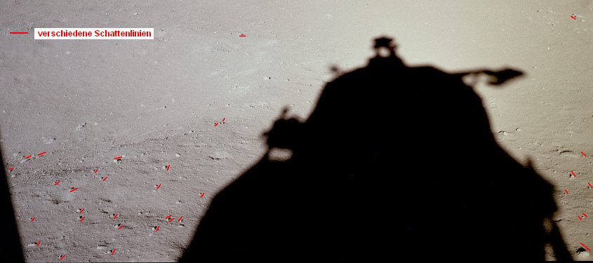 Apollo 11 Foto-Nr. AS11-37-5454: Sicht ber
                        die "Mondlandschaft" mit dem
                        kompletten Langschatten der
                        "Mondlandefhre". Das Schattenchaos im
                        Grossformat