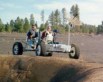 Training "moon car" "Grover"
                (Lunar Roving Vehicle Simulator, "1g trainer")
                on a geologic excursion in a craterfield in Cinder Lake,
                Arizona