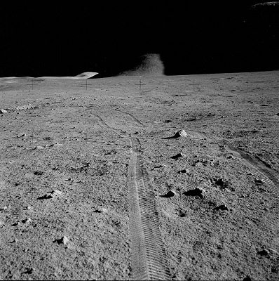 Wheel tracks, in the background deep in the
                        shadow there is Mount Hadley