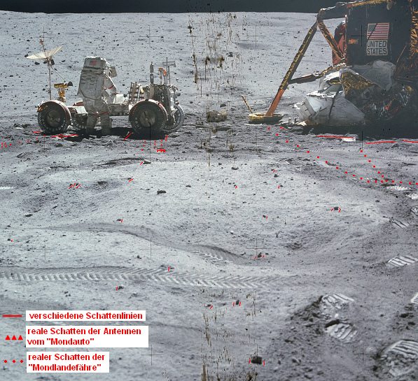 Apollo 16, Foto Nr. AS16-116-18577:
                          Schattenchaos, und der Schatten der
                          "Mondlandefhre" und die Schatten
                          der Antennen vom"Mondauto"
                          existieren nicht