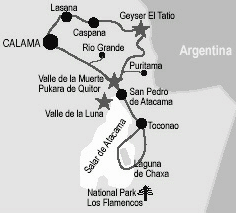 Karte mit den
                        Positionen von San Pedro de Atacama, Mondtal
                        ("Valle de la Luna") und Tal des Todes
                        ("Valle de la Muerte")